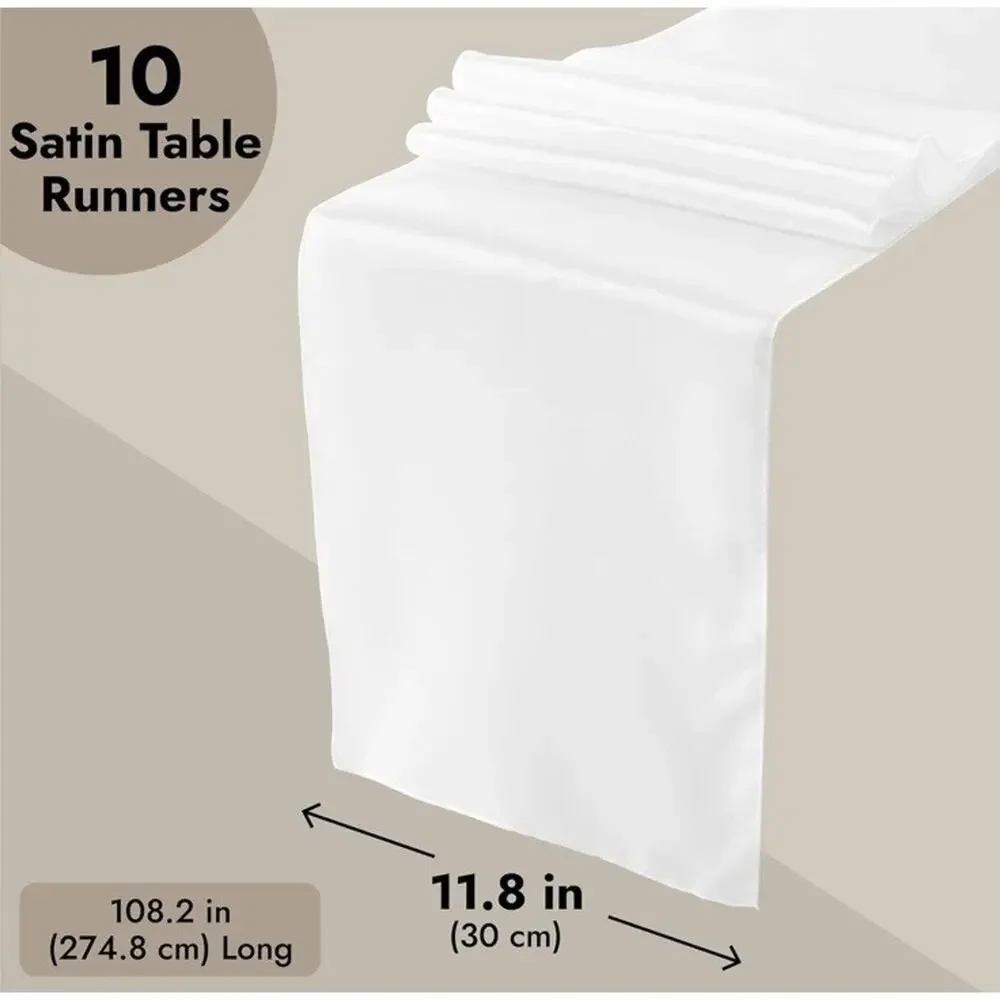 10-Pack White Satin Table Runners, 108 x 11” For Wedding Baby Shower Birthday